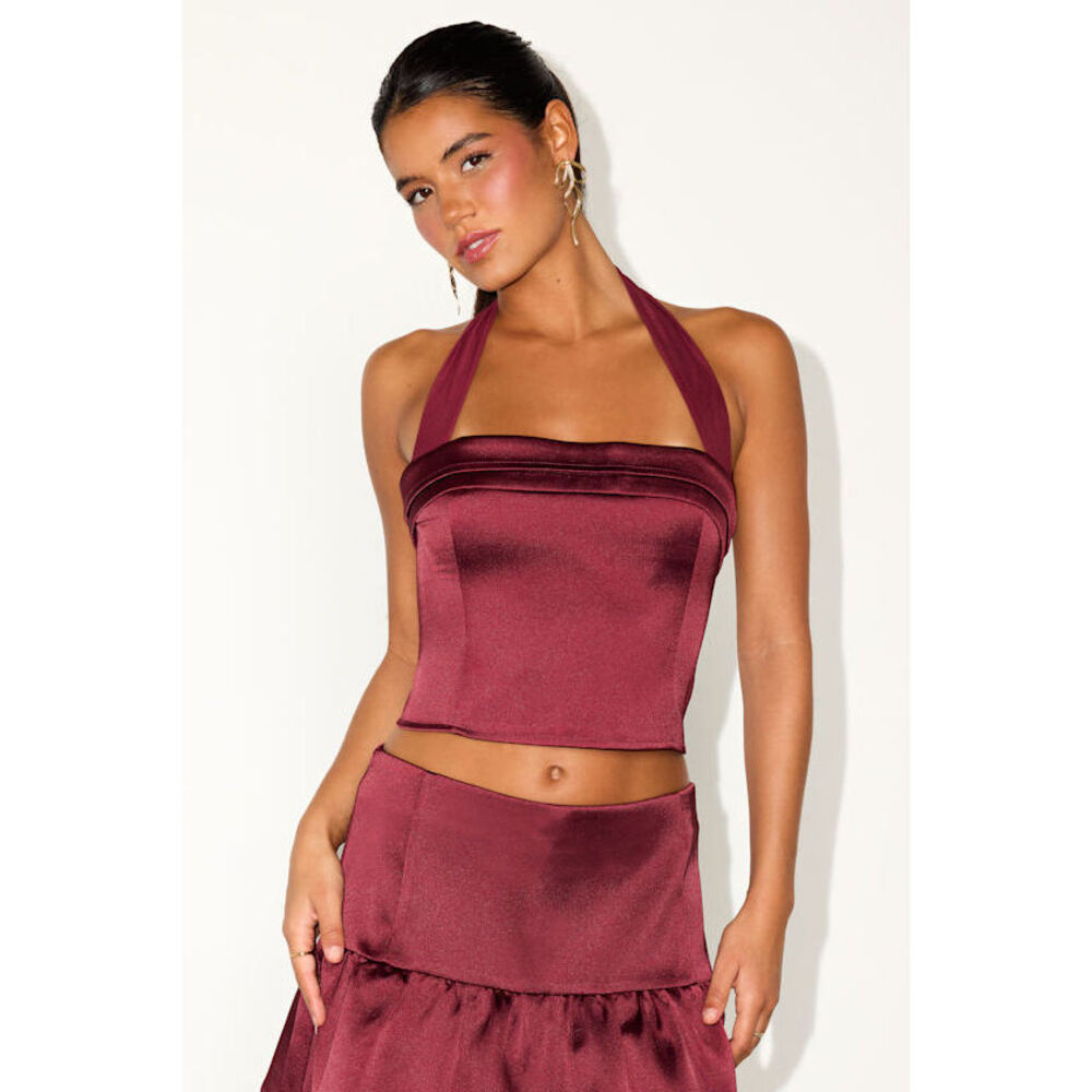 Lulus Vissera Burgundy Satin Halter Crop Top Red - Size M